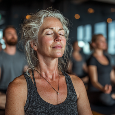 Группа людей зрелого возраста занимается йогой