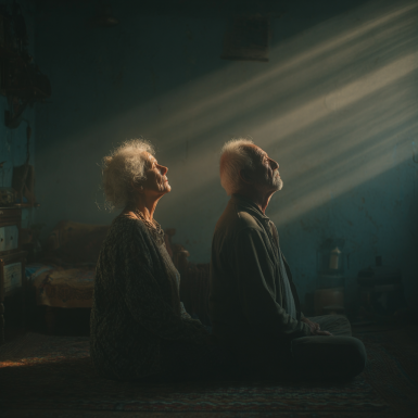 Группа людей зрелого возраста занимается йогой